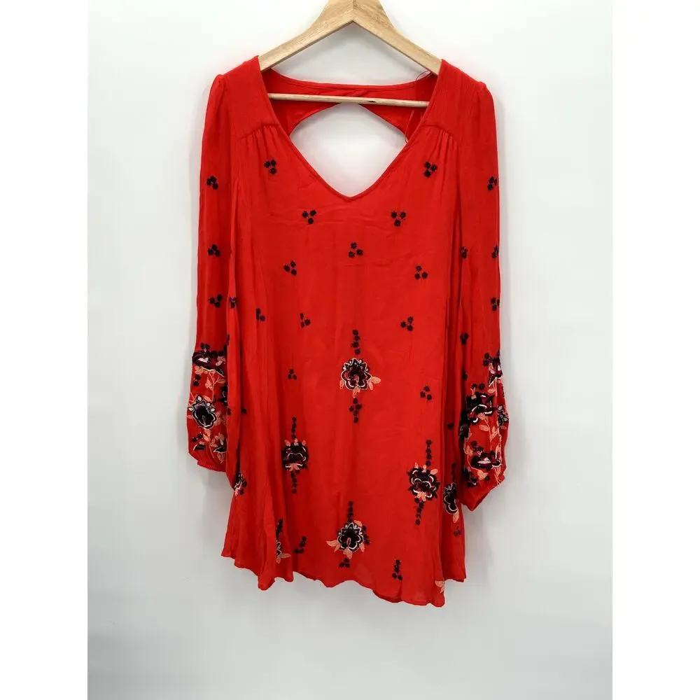 FREE PEOPLE Oxford Embroidered Mini Dress in Coral Red  // S